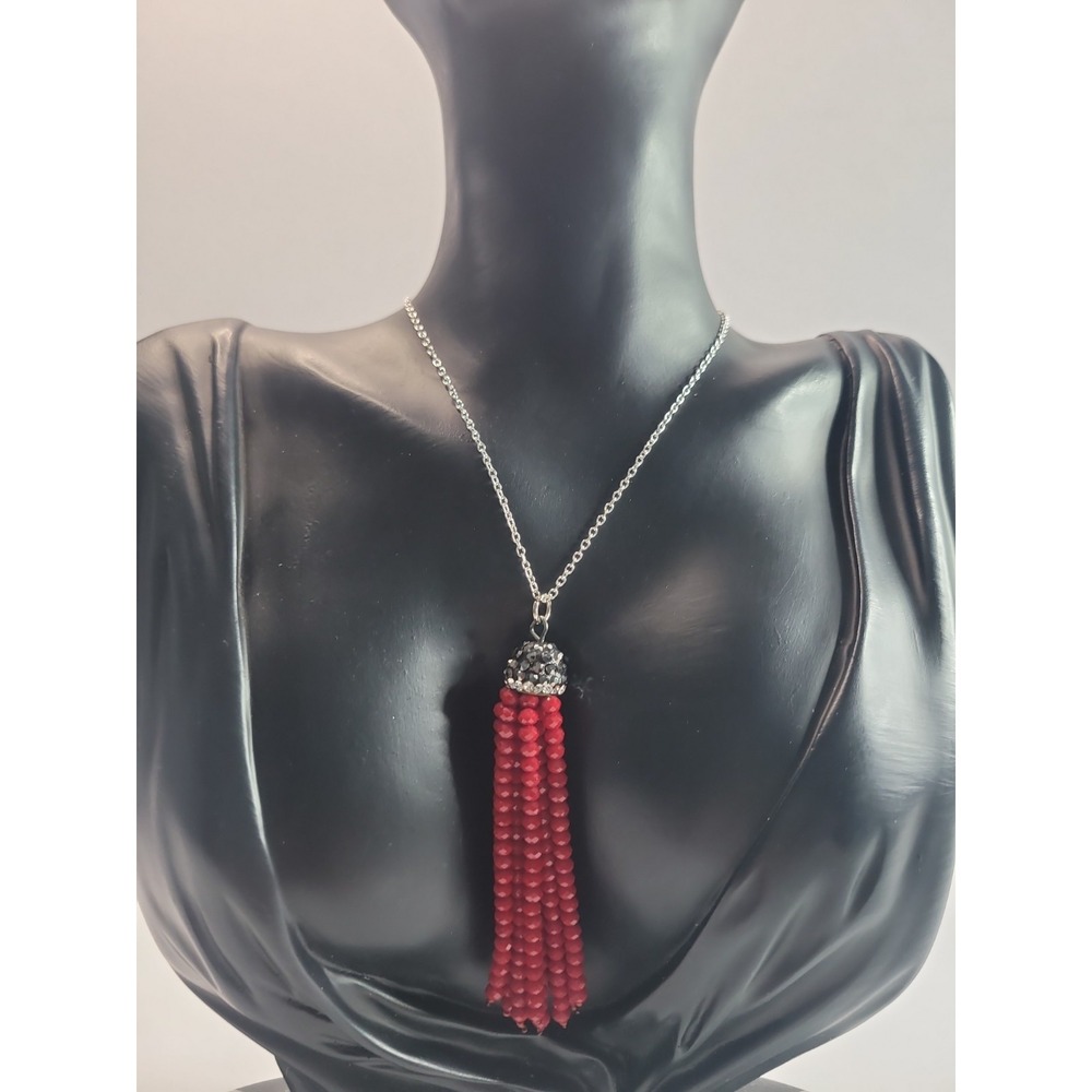 Red Faceted Bead Tassel Pendant Necklace Rhinestone Cap Silver Tone Statement